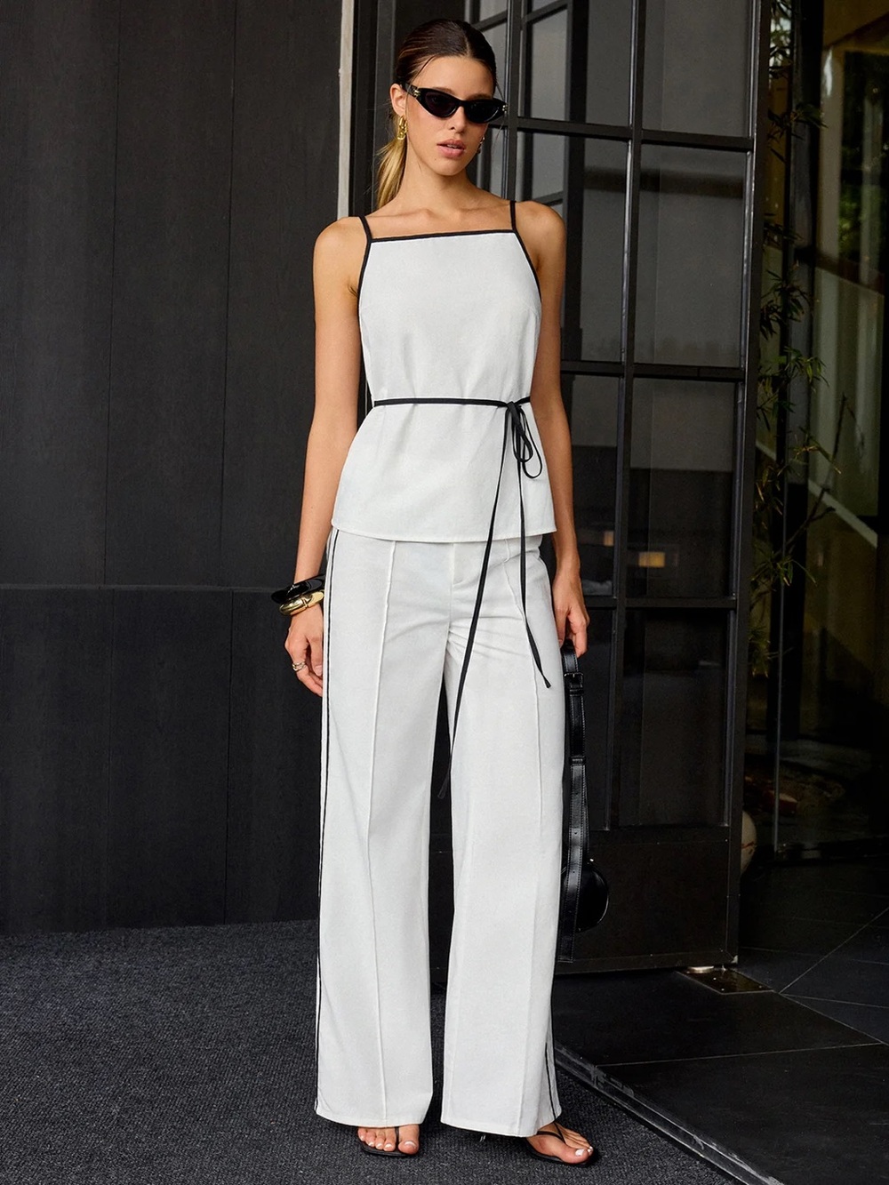 Commense Elegant White Wide-Leg top and bottom with Black Trim